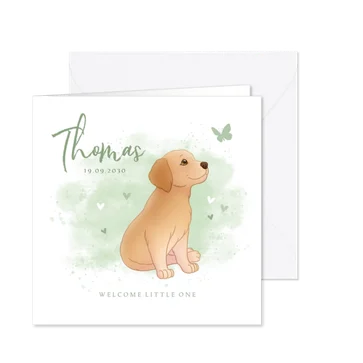 Geboortekaartje puppy groene achtegrond met hartjes vlinder